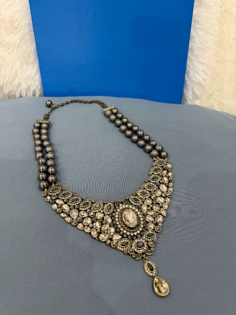 Heidi Daus “Worth Waiting For”Gray Beaded Statement Necklace w/Crystal Station